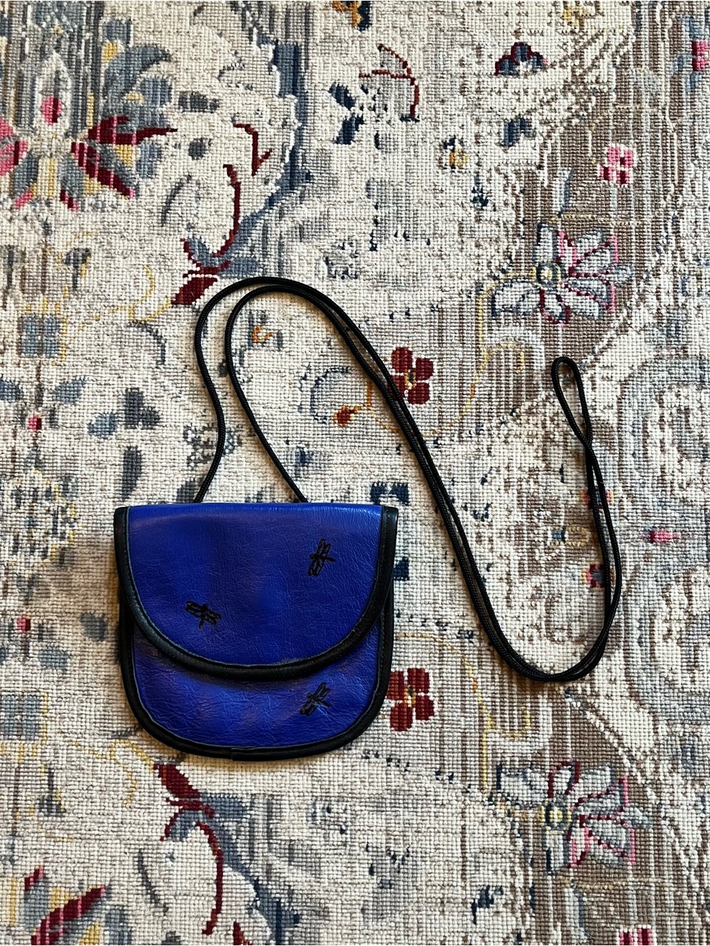 Blue Leather Crossbody Bag with Dragonfly Detail